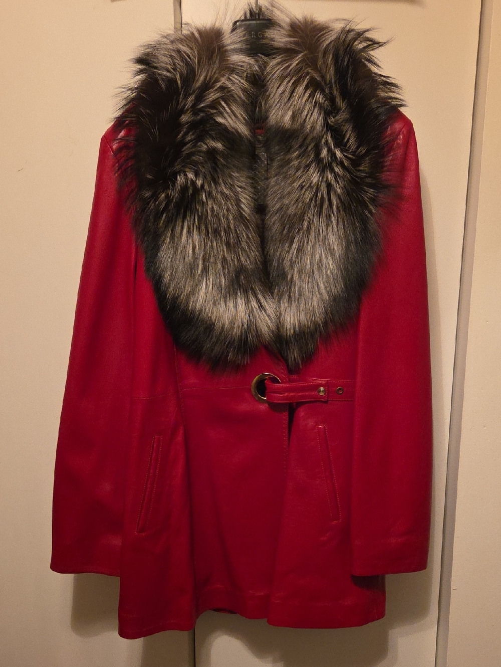 Women's Red Leather Coat with Faux Fur Shawl Collar